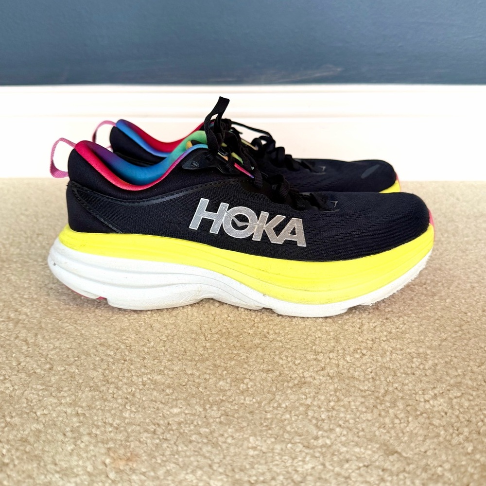 Hoka Bondi 8 Black, Rainbow & Yellow Running Shoe, Size 7.5